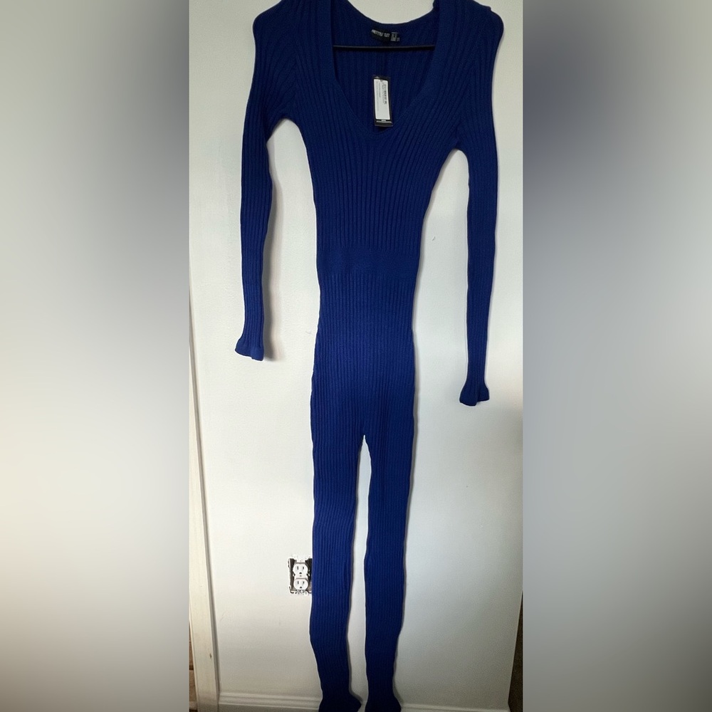 PrettyLittleThing Royal Blue Petite Ribbed Knit Jumpsuit
